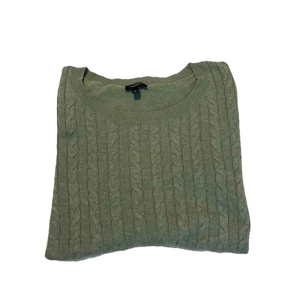 Talbots Green Cable Knit Sweater Medium Women's Cotton Wool Blend Large Classic